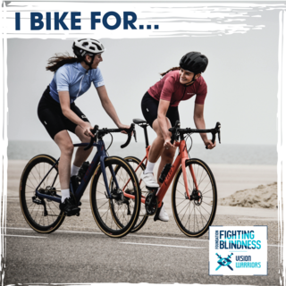 Headline “I Bike For” at the top left with two women riding bikes along a beach road. The Foundation Fighting Blindness and Vision Warriors logos are placed at the bottomright.