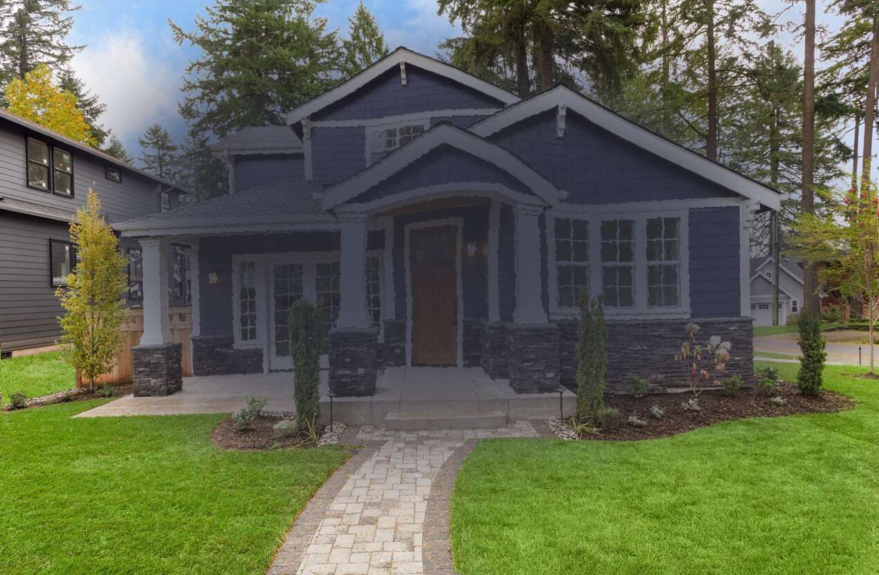 Front of a house in daylight from the perspective of someone with age-related macular degeneration. Third of five stages.