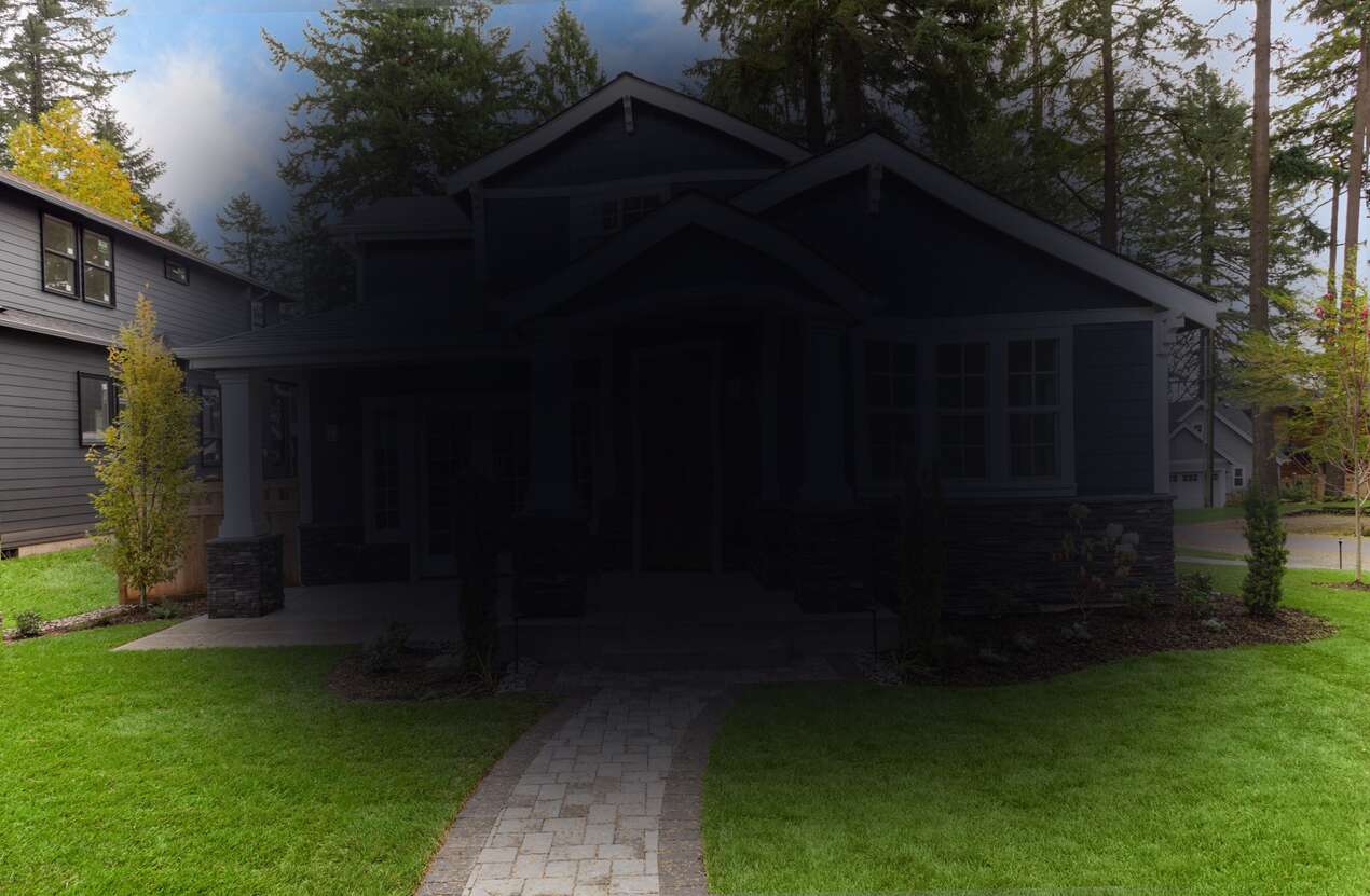 Front of a house in daylight from the perspective of someone with age-related macular degeneration. Fifth of five stages.