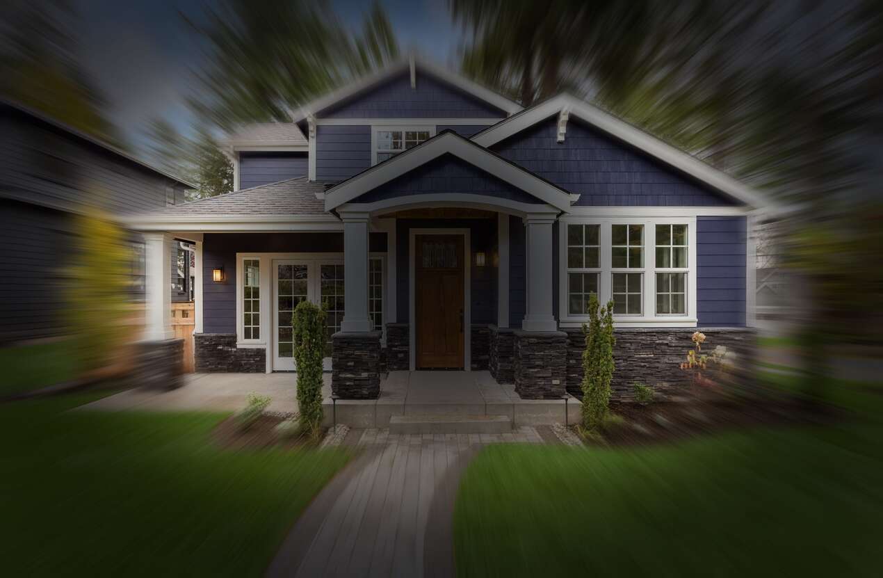 Front of a house in daylight from the perspective of someone with Bardet-Biedl syndrome. Fourth of five stages.