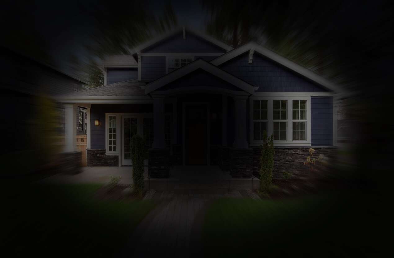 Front of a house in daylight from the perspective of someone with Bardet-Biedl syndrome. Fifth of five stages.