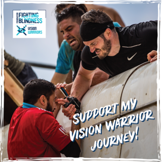 Headline “Support my Vision Warrior Journey” at the bottom with two men helping another man up an obstacle wall. The Foundation Fighting Blindness and Vision Warriors logos are placed at the top left.