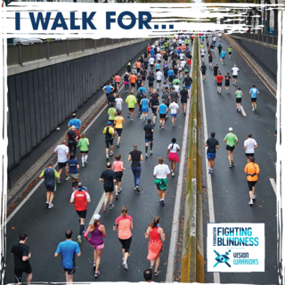 Headline “I Walk For…” at the top left with people walking and running on two sides of a road. The Foundation Fighting Blindness and Vision Warriors logos are placed at the bottom right.