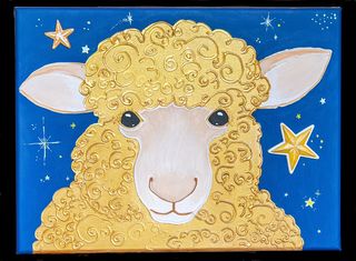 Painting of a golden sheep on a light blue night sky with gold stars