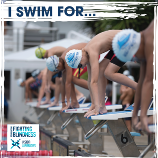 Headline “I Swim For…” at the top left with men ready for a swim race. The Foundation Fighting Blindness and Vision Warriors logos are placed at the bottom left.