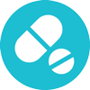illustrations of white pills within a light blue circle