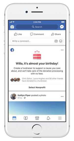 Facebook Birthday Fundraiser alert on mobile phone.